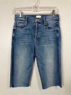 MOTHER Denim Bermuda Shorts Size 27 Frayed Hem Mid Rise Blue Wash